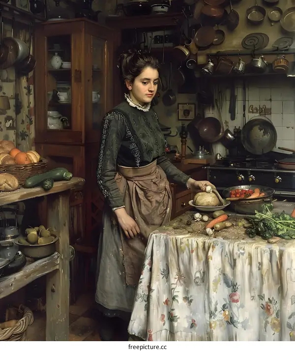 A woman is cooking in a kitchen