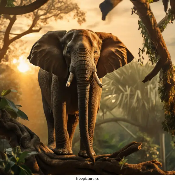 Elephant standing on a tree branch in the jungle