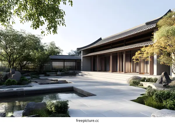Traditional Chinese Architecture with Garden Pond