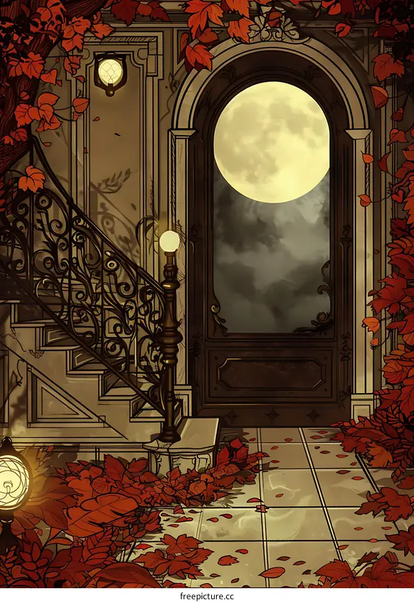 Autumn Night at the Mansion Entrance
