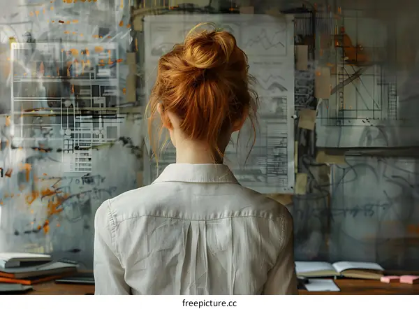 redhead woman looking at a wall full of papers
