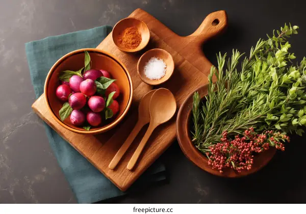 Wooden Kitchenware with Fresh Herbs and Fruits