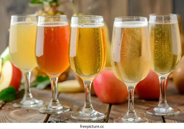Four Glasses of Apple Cider with Fruit on Wooden Table