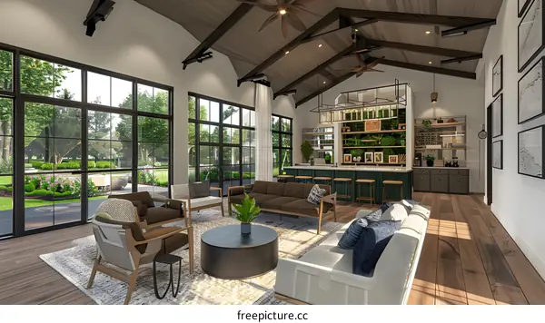 Modern Farmhouse Living Room Interior Design with Green Plants and Large Windows