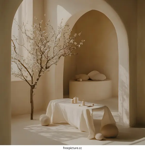 Minimalist White Room Interior Design with Archway and Blooming Tree