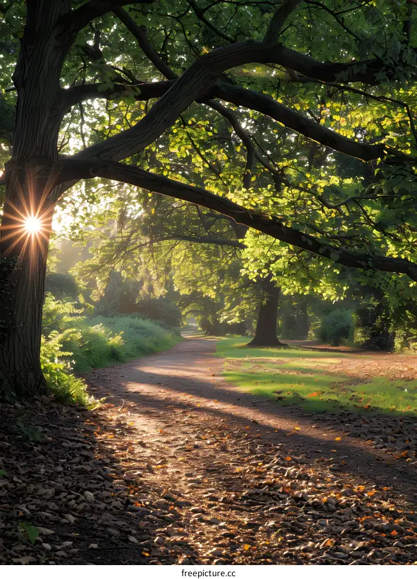 Sunlit Forest Path in Autumn