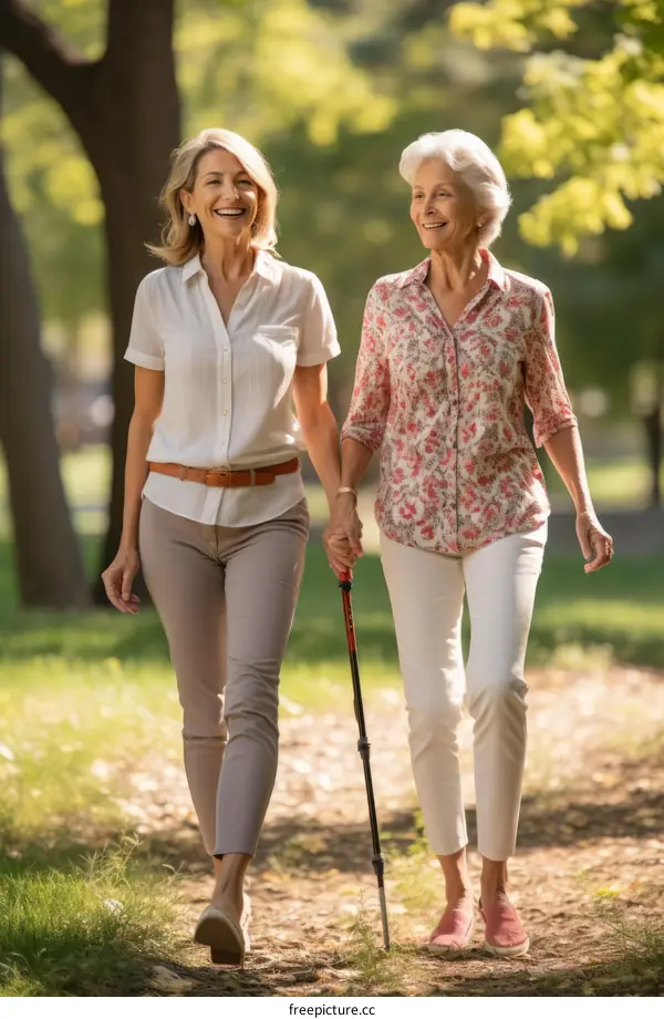 Two elderly women walking in the park