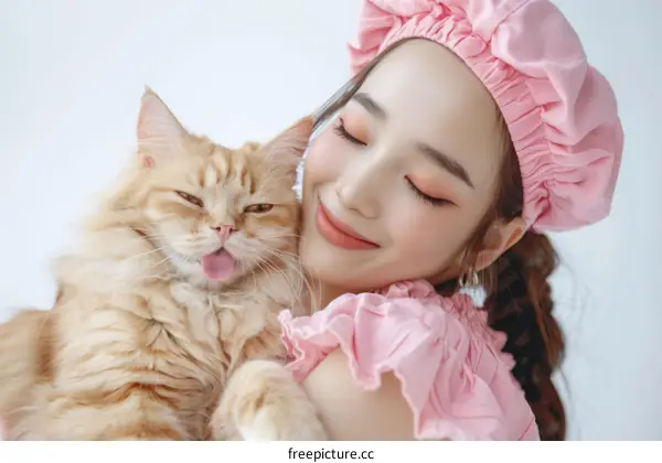A ginger cat and a woman in a pink beret