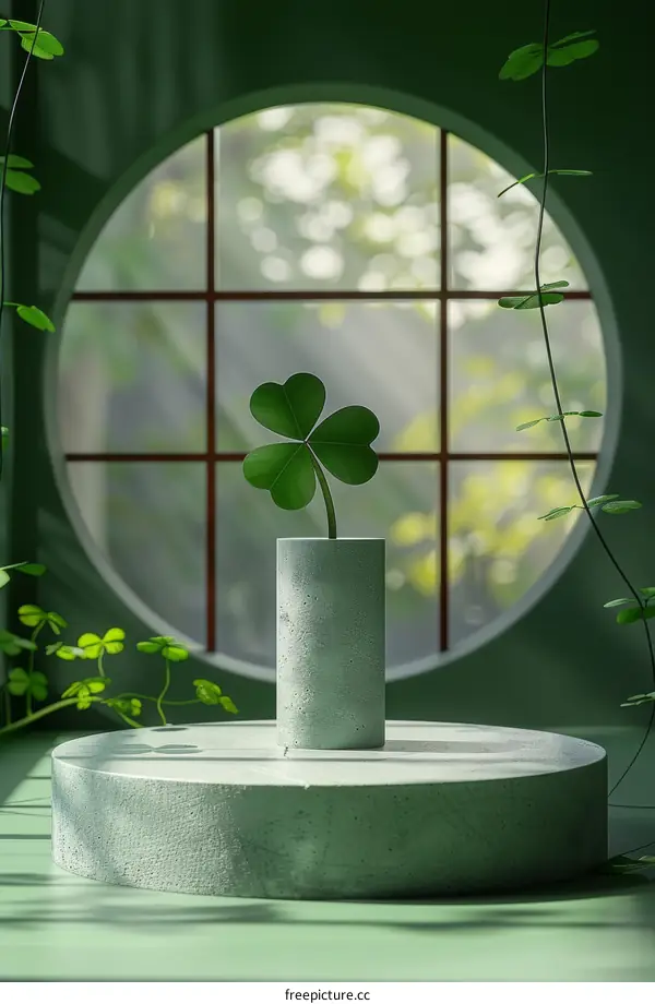 A green four-leaf clover plant in front of a circular window