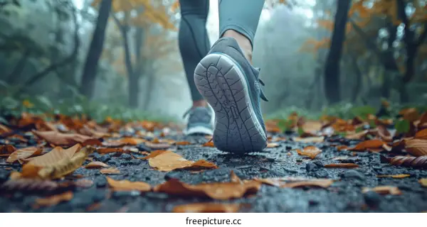 Close-up of a person walking on a forest trail covered with fallen leaves