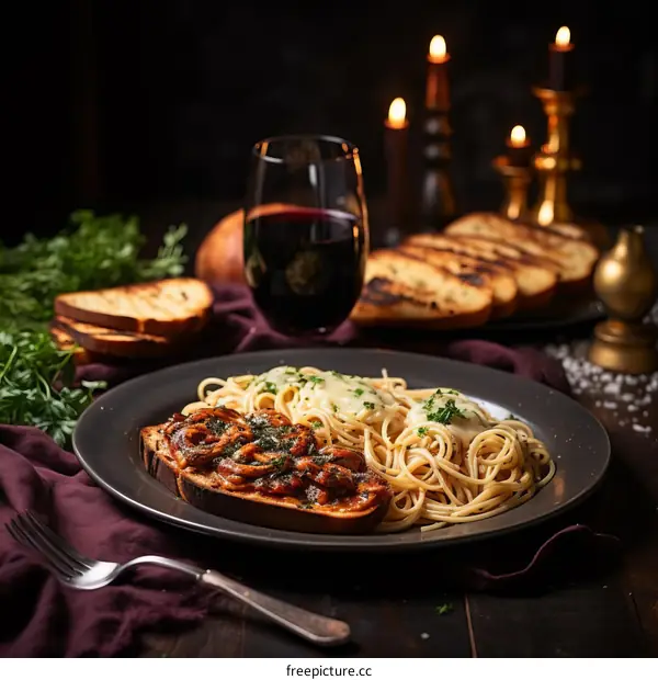 A delicious plate of pasta with a glass of red wine