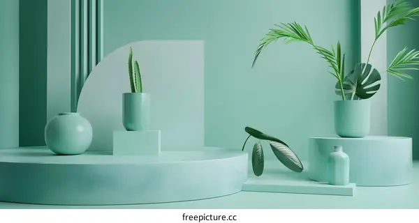 Minimalist Green Aesthetic Background With Plants