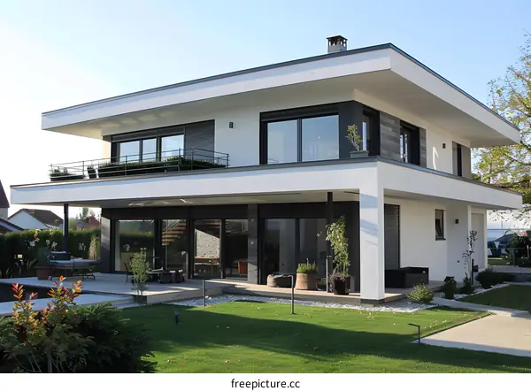Modern White House with Large Windows and a Pool