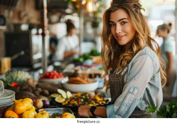 Portrait of a young female chef smiling in a commercial kitchen