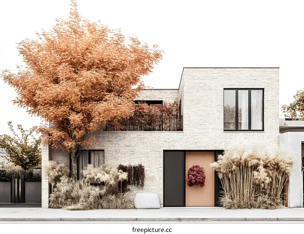 Modern Brick House with Autumn Tree and Grass