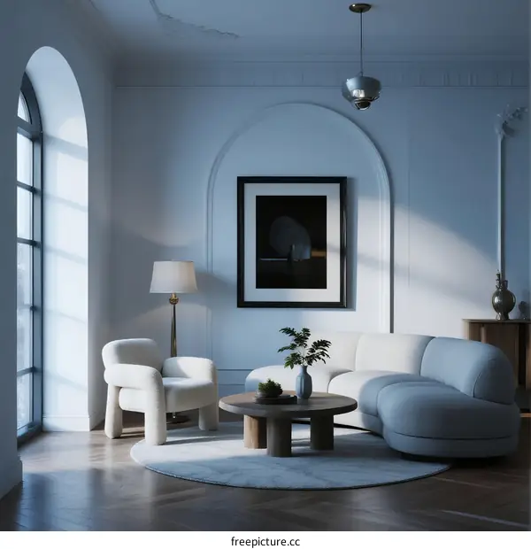 Modern Living Room with Arched Window and Curved Sofa