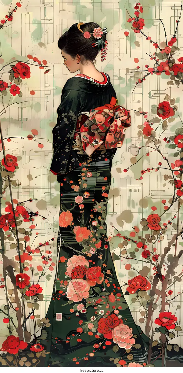 A woman wearing a kimono with a floral pattern is standing in a garden.