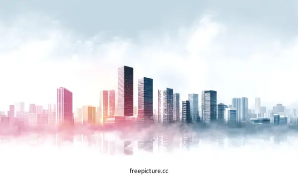 Misty Cityscape Skyline with Modern Architecture