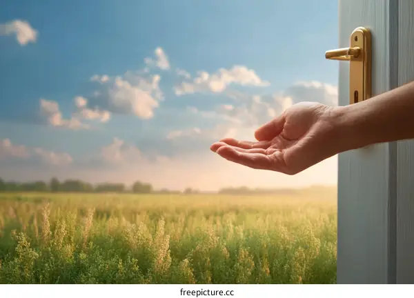 A Hand Reaching Out to a Beautiful Field and Sky