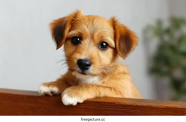 Adorable Puppy Peeking Over Wooden Edge
