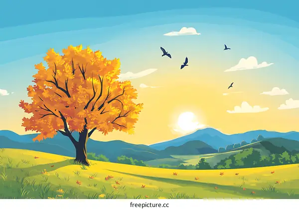 Autumn Landscape with Golden Tree and Birds Flying
