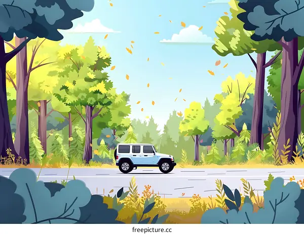 Car Driving Through a Forest Road in Autumn