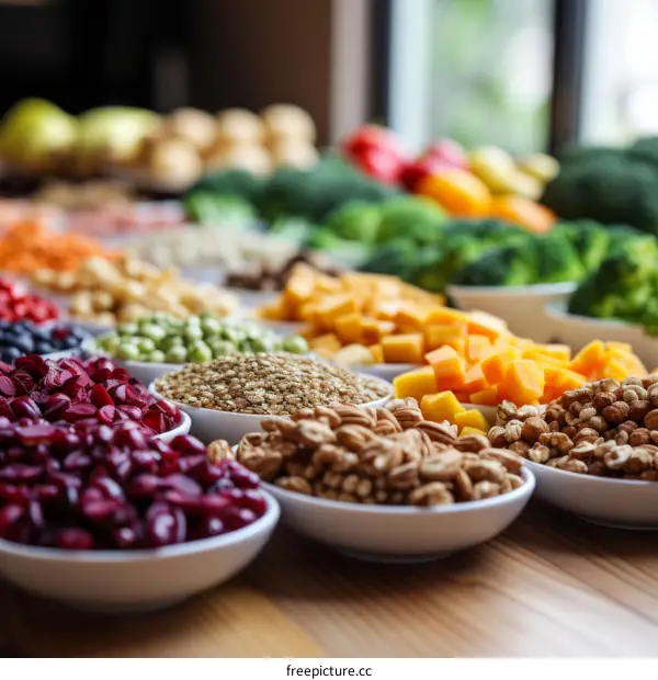 A variety of healthy food ingredients are arranged on a wooden table.
