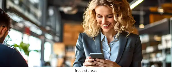 Smiling Woman Using Smartphone in Office