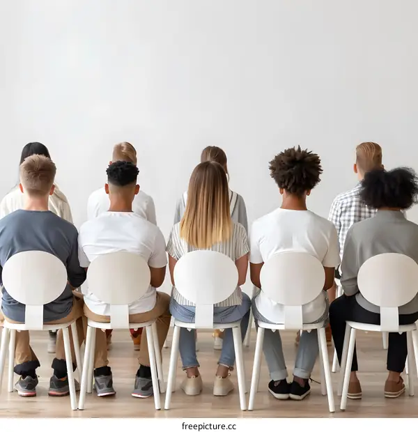 Group of Diverse People Sitting in Chairs Back View