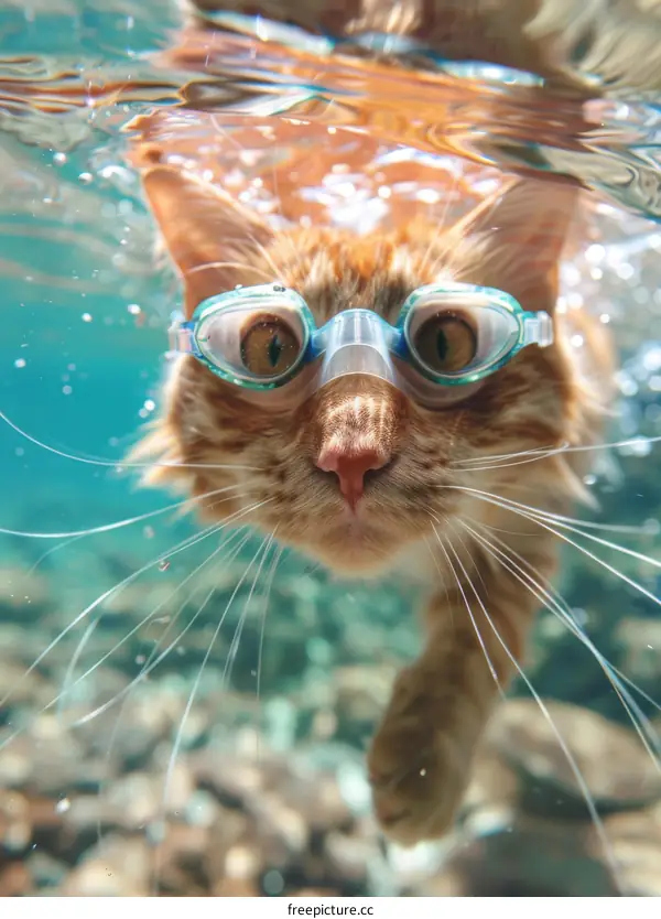 Cat wearing goggles swims underwater