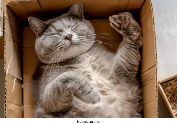 A gray cat is sleeping in a cardboard box