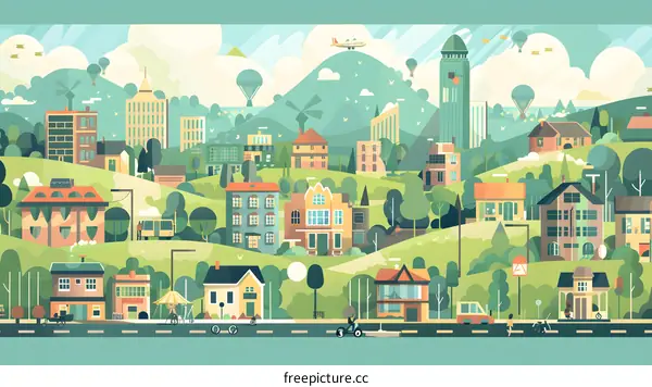 Flat Cityscape Illustration with Green Hills and Buildings