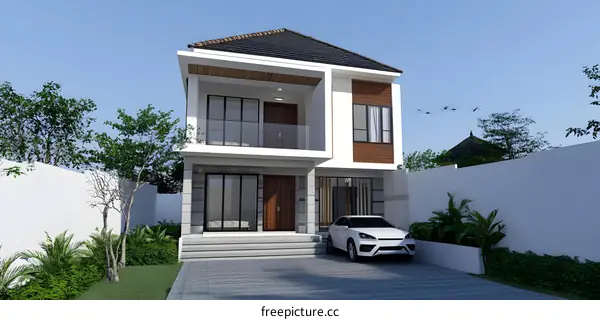 Modern Two Story House with Garage and Front Yard