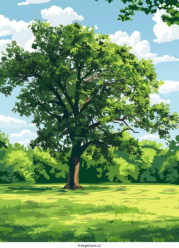 Green Tree with Blue Sky and Clouds