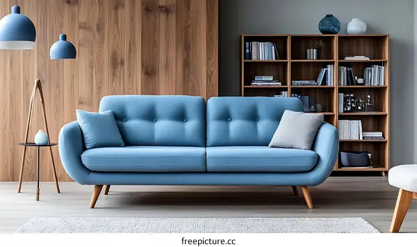 Modern Living Room with a Blue Sofa and Wooden Bookshelf