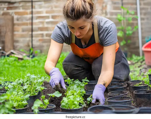 Young Woman in Orange Apron Planting Seedlings in Garden