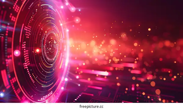 Technology background with glowing circle and binary code