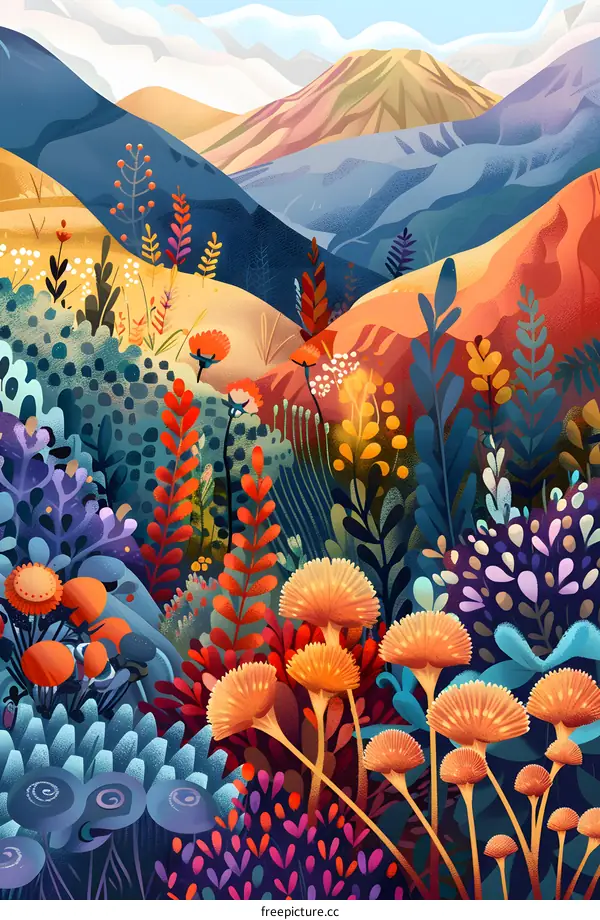 Colorful Mountain Landscape with Floral Illustration