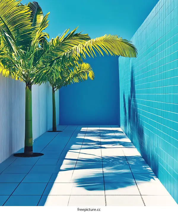 Minimalist Palm Trees and Blue Wall with White Tiles