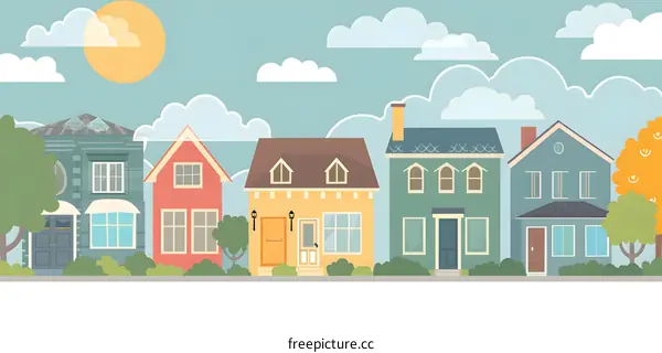 Cartoon Illustration of a Row of Colorful Houses with a Blue Sky and Clouds