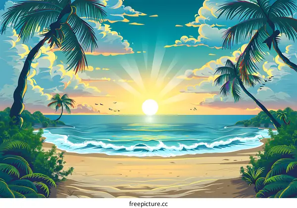 Tropical Beach Sunset Illustration
