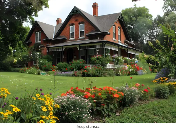 A red Victorian house with a garden