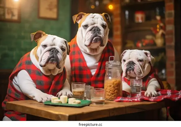 Three English bulldogs sitting at a table in a pub