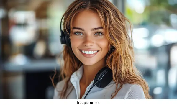 Smiling Woman Wearing Headphones in Business Setting
