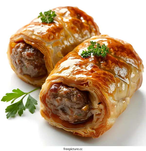 Two sausage rolls on a white plate