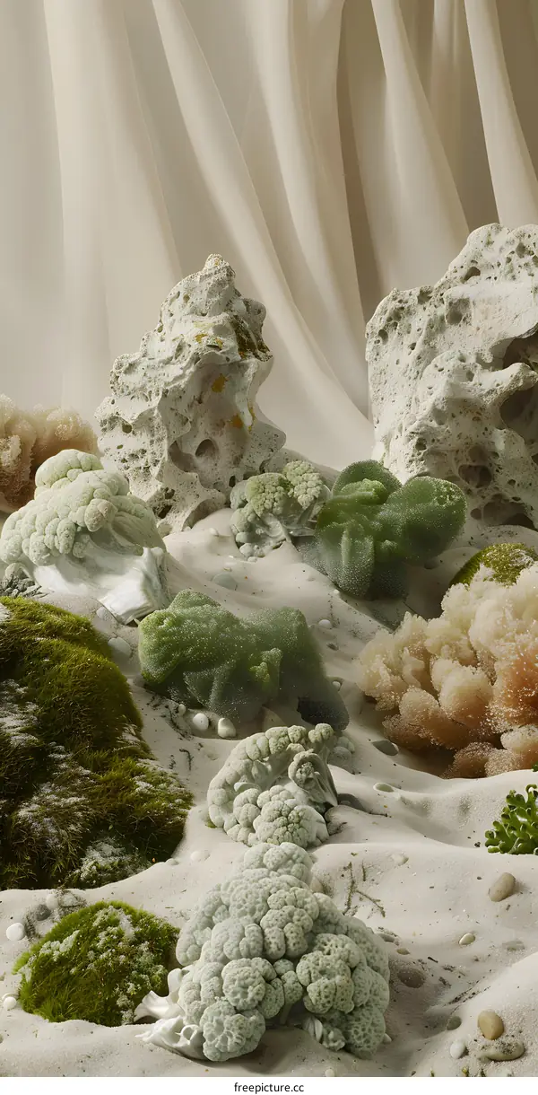 Abstract Surrealist  Green and White Composition with Rocks and  Fabric