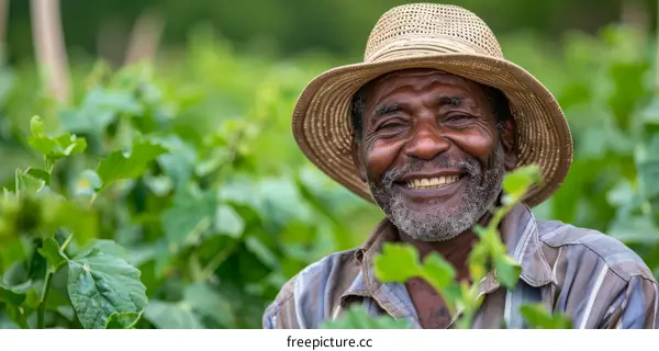 Smiling Farmer Wearing Straw Hat in Field