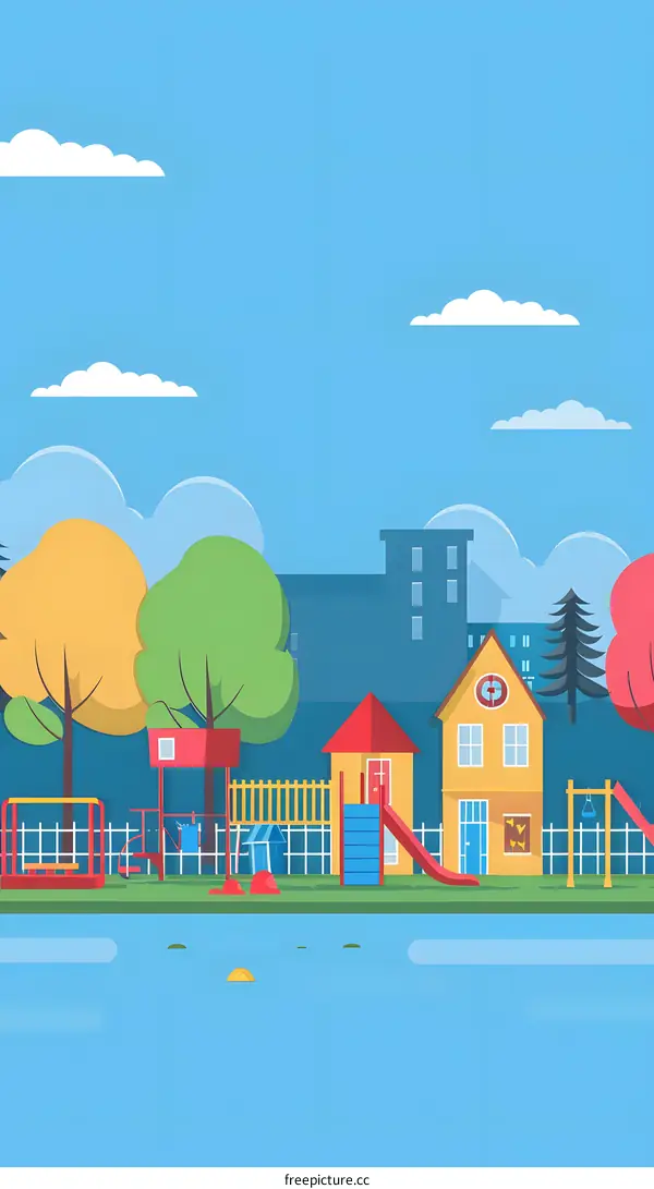 Colorful Playground Illustration with Houses and Trees