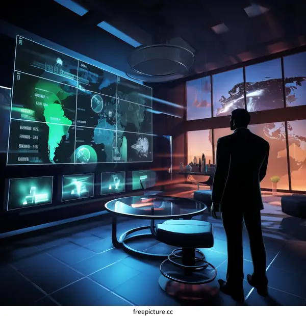 A futuristic office with a man looking at a world map