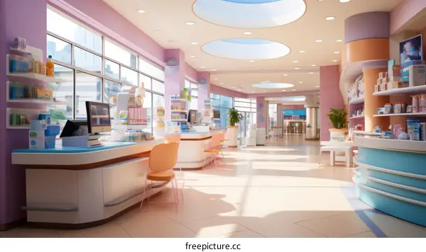 Pharmacy Interior Illustration: Shelves, Counter, and Drawers